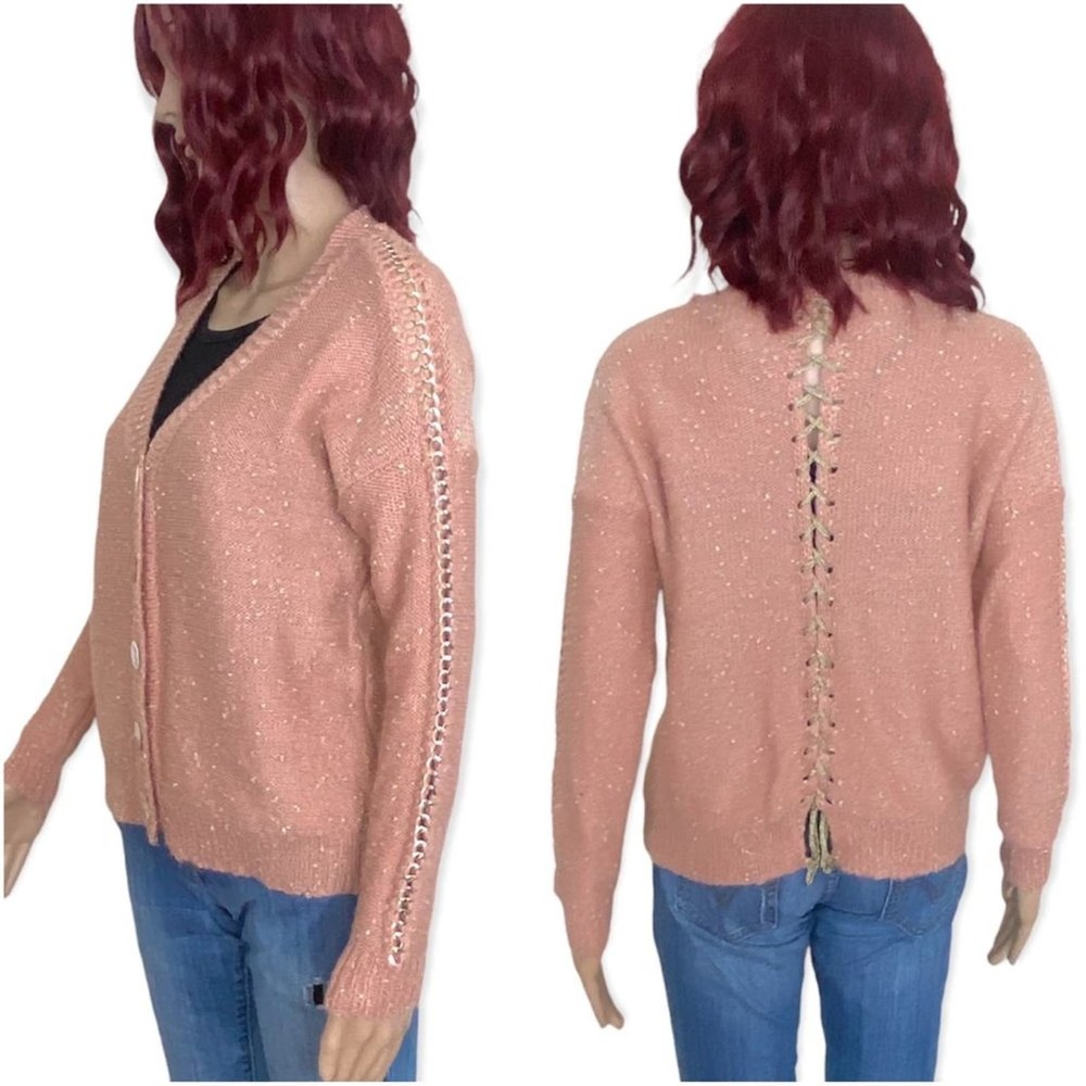 Lulumari Metallic Cardigan Sweater Womens S/M Chain Sleeve Accent Peach Gold